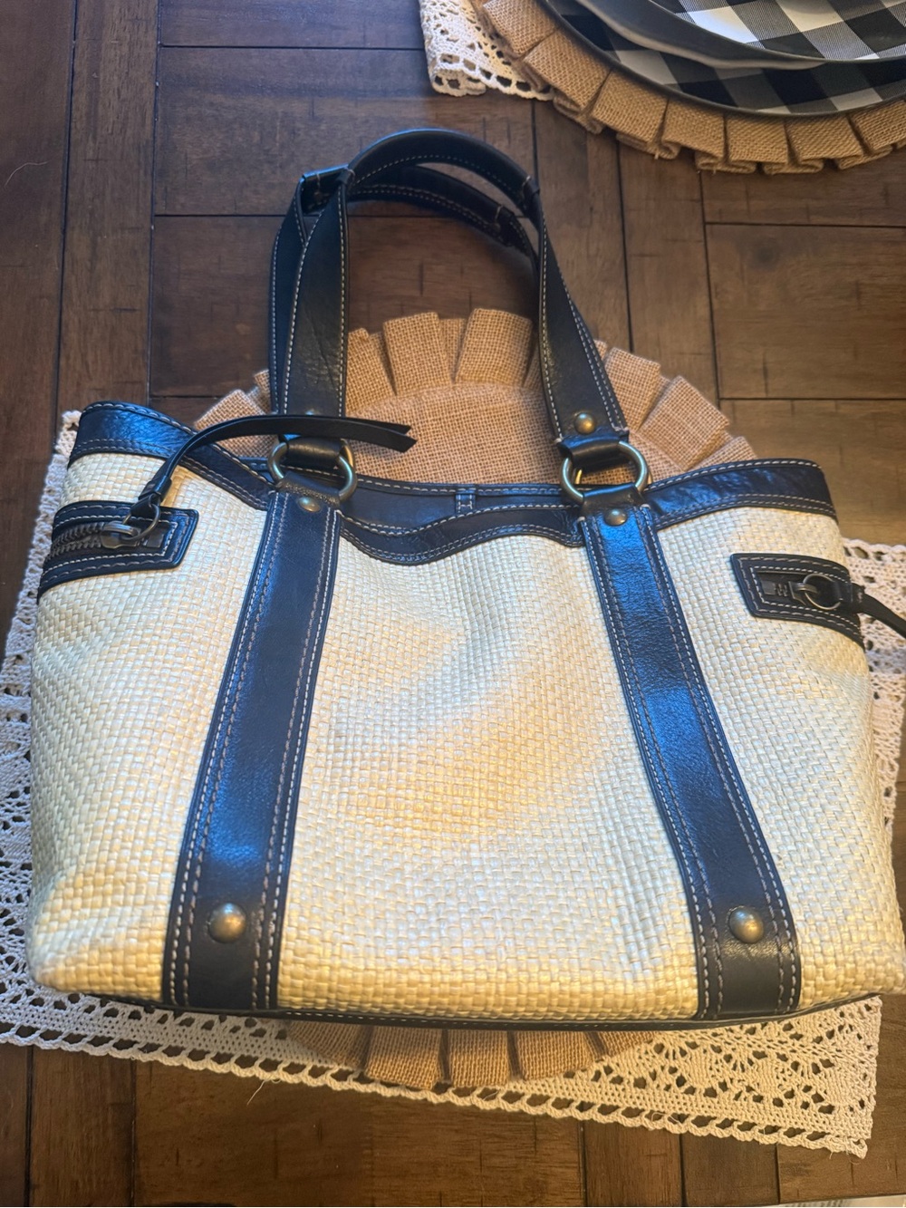 Vintage Coach Cream and Dark Brown Woven Shoulder Bag with Buckle Front - Picture 2 of 6